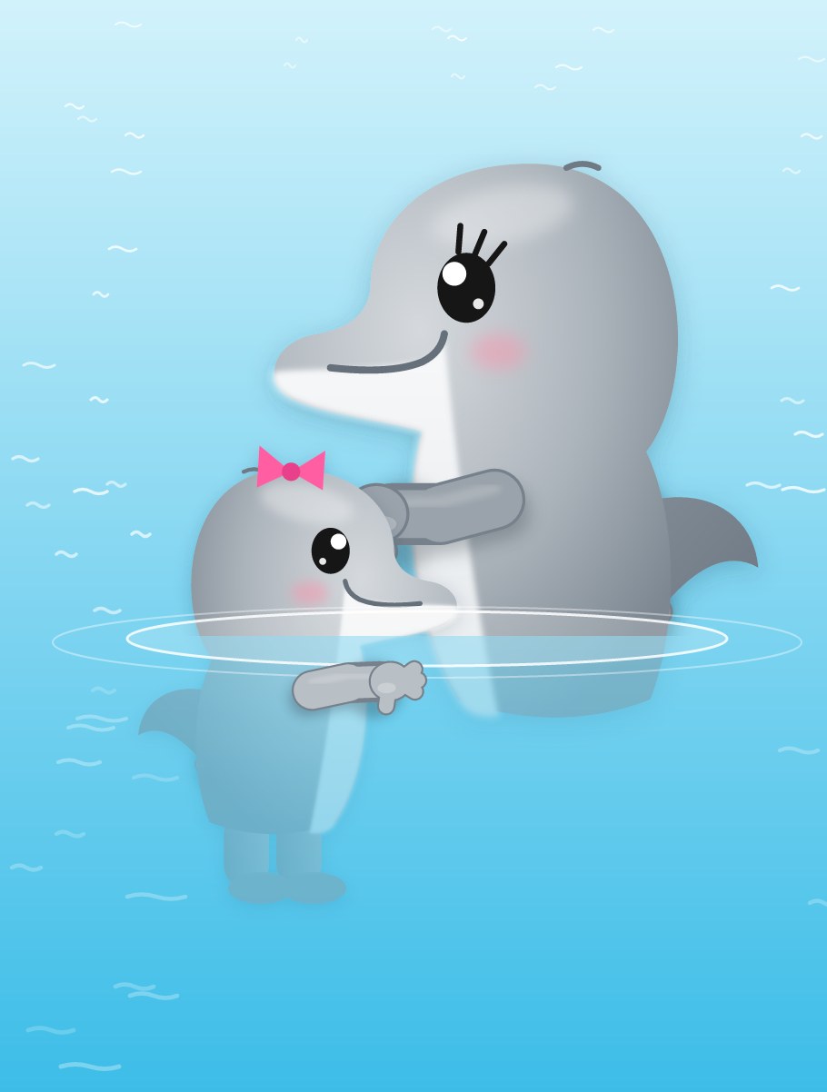 Ein kleiner Delphin mit rosa Schleife kuschelt im Wasser mit einem großen Delphin