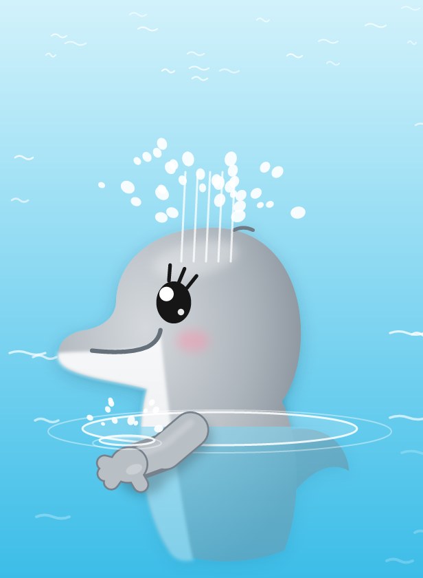 Ein großer Delphin lacht im Wasser, während ihm Wasser über den Kopf spritzt